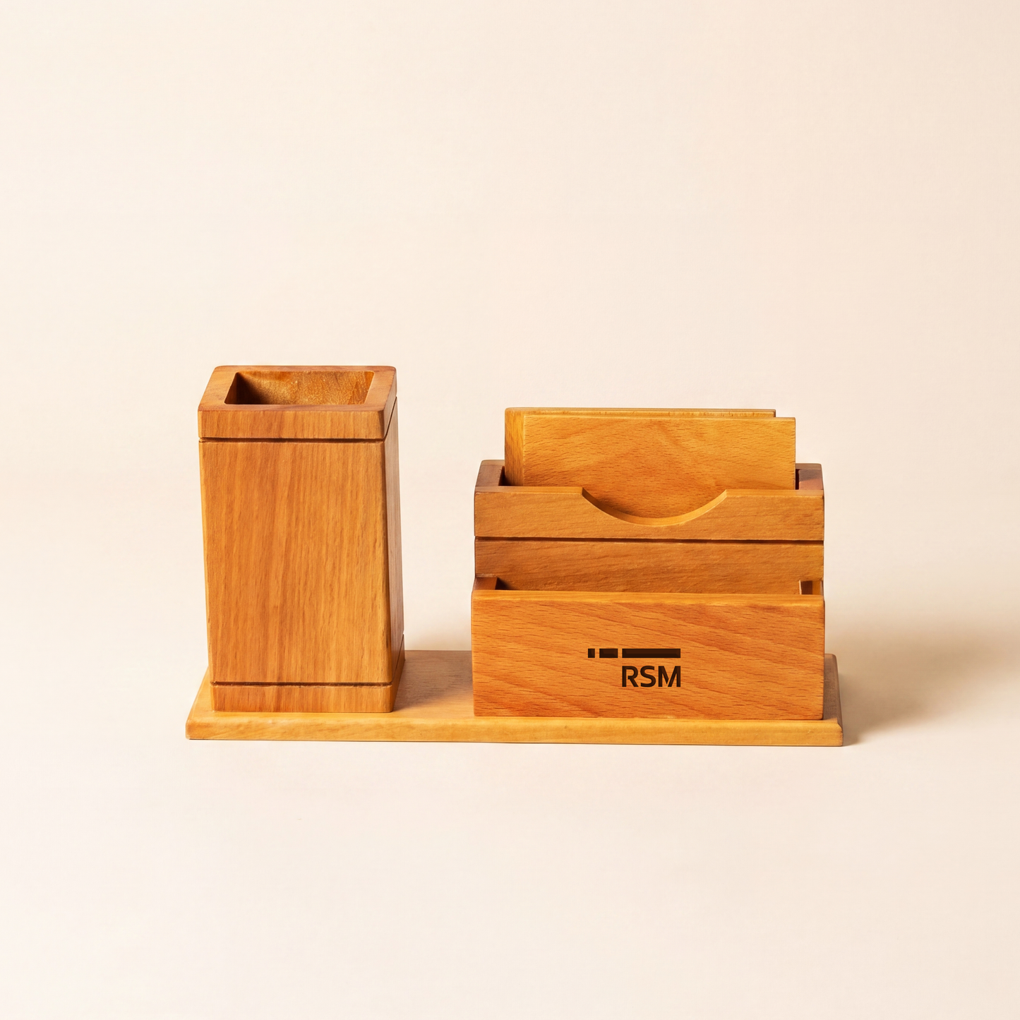 Wooden Desk Organizer Set – Office Stationery Holder with Card Stand